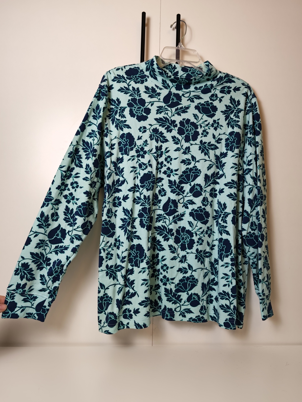 Lands' End Womens 2X Teal Navy Floral Mock Neck Long Sleeve Cotton Tee 4501